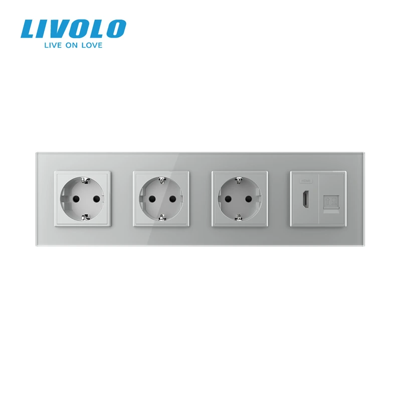 Розетка чотиримісна з HDMI і Інтернет RJ-45, LIVOLO сіра, настінна, скляна рамка