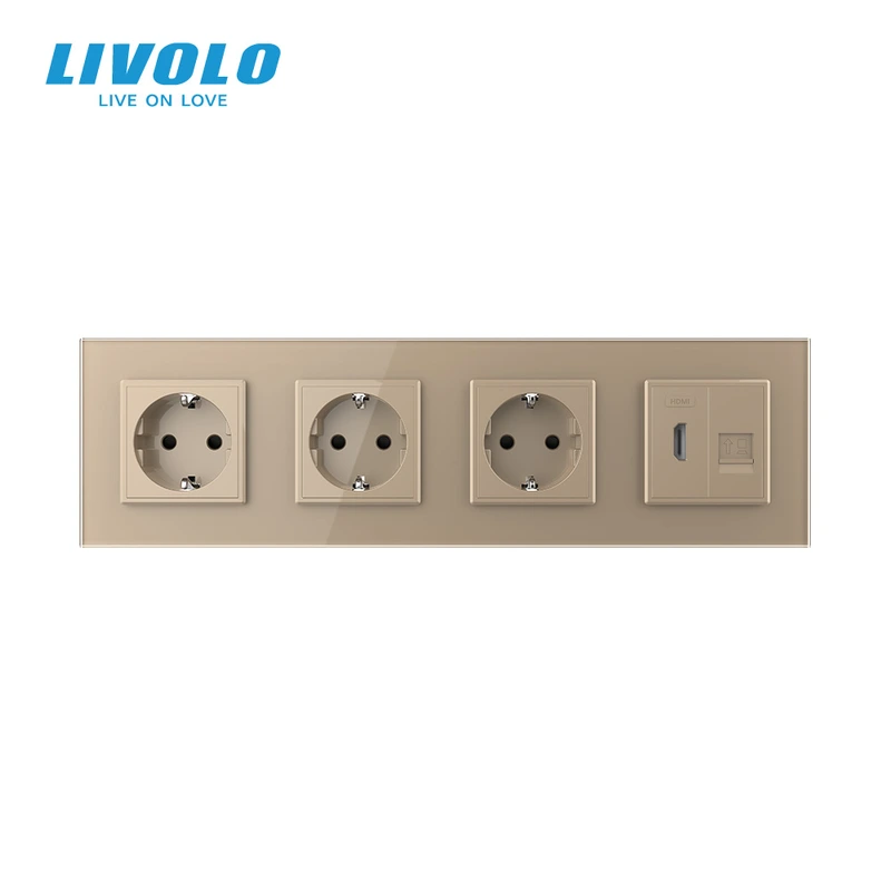 Розетка чотиримісна з HDMI і Інтернет RJ-45, LIVOLO золота, настінна, скляна рамка