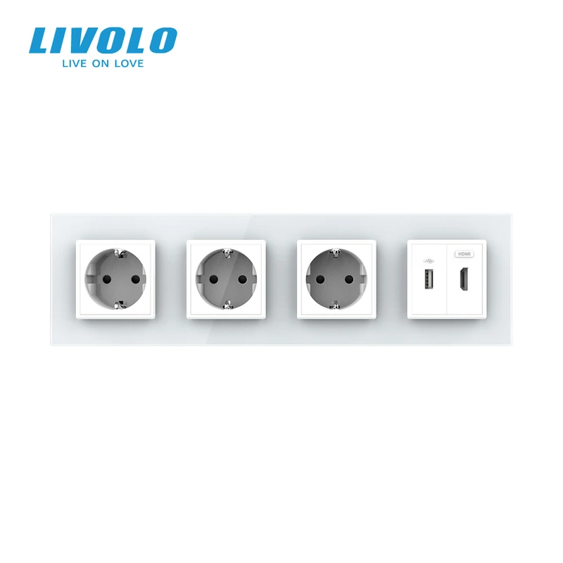 Розетка чотиримісна з USB 10Вт, інтернет портом RJ-45 і HDMI, біла, настінна дизайнерська, скляна рамка