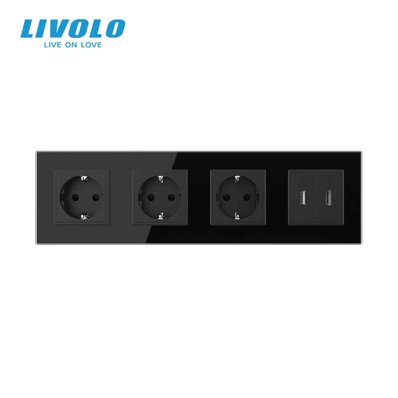 Розетка чотиримісна з USB 10Вт, інтернет портом RJ-45 і HDMI, чорна, настінна дизайнерська, скляна рамка