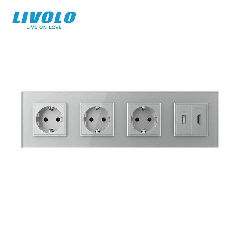 Розетка чотиримісна з USB 10Вт, інтернет портом RJ-45 і HDMI, сіра, настінна дизайнерська, скляна рамка