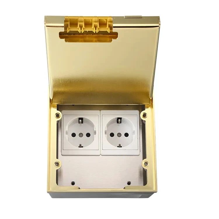 Розетка підлогова подвійна LIVOLO золота, вбудована невидима прихованого монтажу, з кришкою, 2 розетки з заземленням, IP54, нержавіюча сталь, розмір 130×130×84 мм (VL-SHSJ52-TCIP-A) (VL-SHSJ52-TC-WP-A)