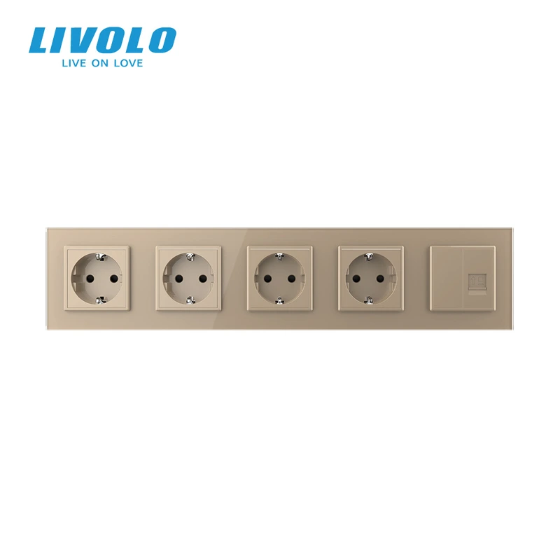 Розетка п'ятимісна комбінована Силова Інтернет LIVOLO золота 2.5D скло