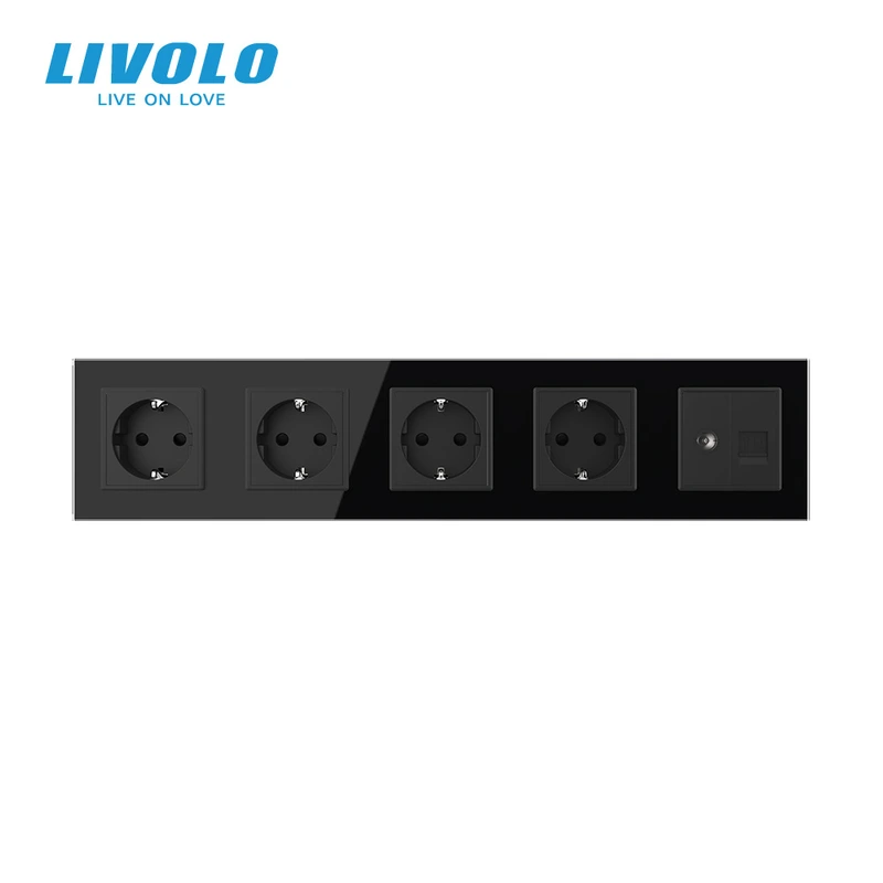 Розетка п'ятимісна комбінована Силова Інтернет ТБ LIVOLO чорна 2.5D скло