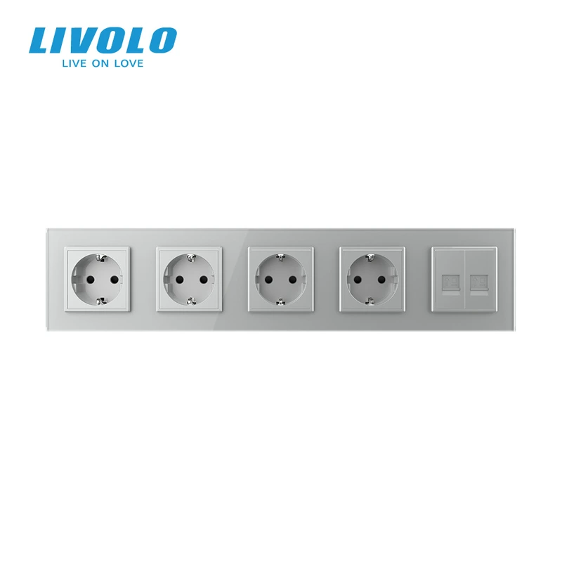 Розетка п’ятимісна з двома інтернет портами RJ-45, LIVOLO сіра, настінна дизайнерська, скляна рамка