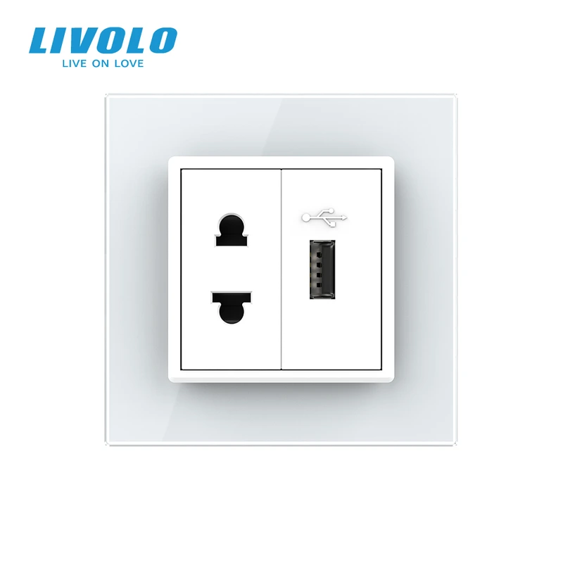 Розетка універсальна з USB розеткою Livolo білий скло (VL-C7C1AUSB-11) (VL-C7FCT25/FCUA-2WP)