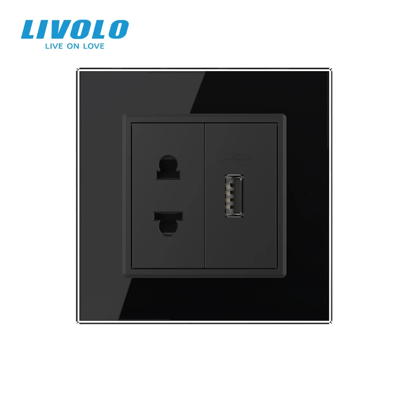 Розетка універсальна з USB розеткою Livolo чорний скло (VL-C7C1AUSB-12) (VL-C7FCT25/FCUA-2BP)