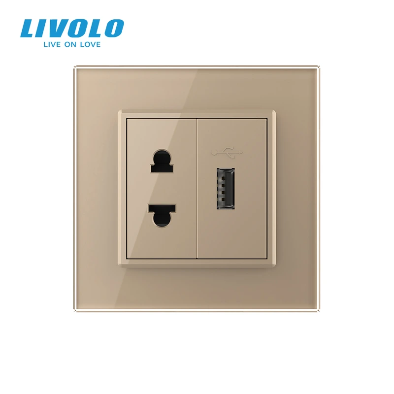 Розетка універсальна з USB розеткою LIVOLO золота 2.5D скло