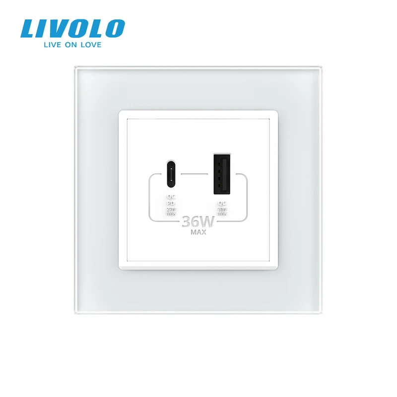 Розетка USB-A та USB-C з Power Delivery 36W LIVOLO біла матова скло