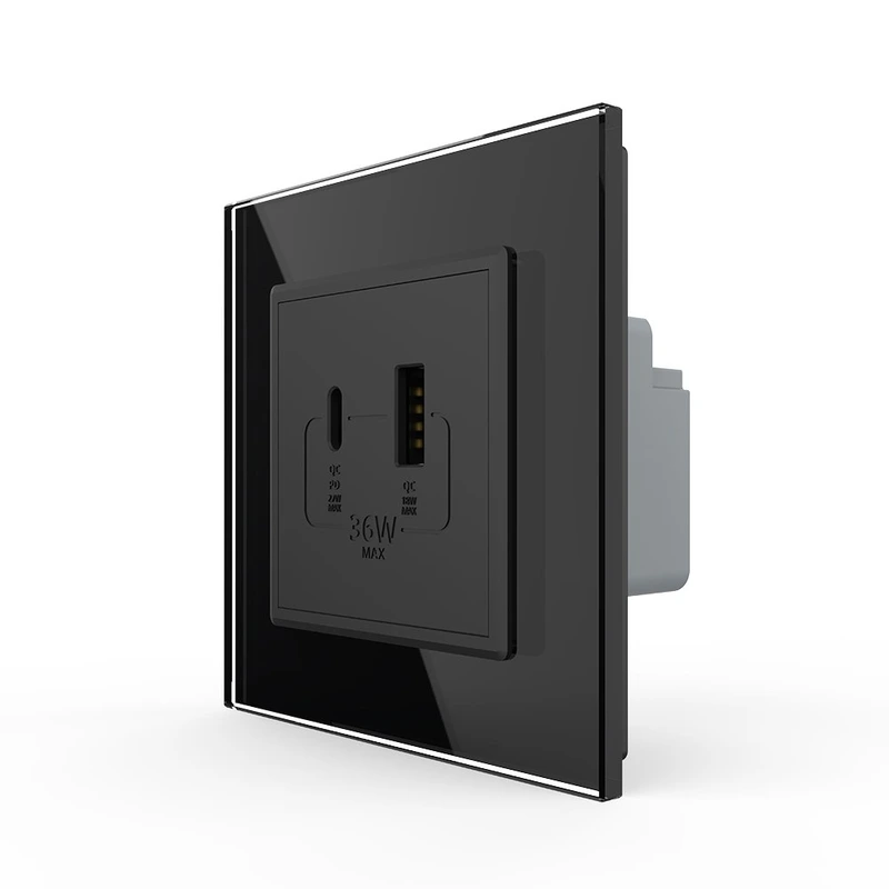 Розетка USB-A та USB-C з Power Delivery 36W LIVOLO чорна 2.5D скло