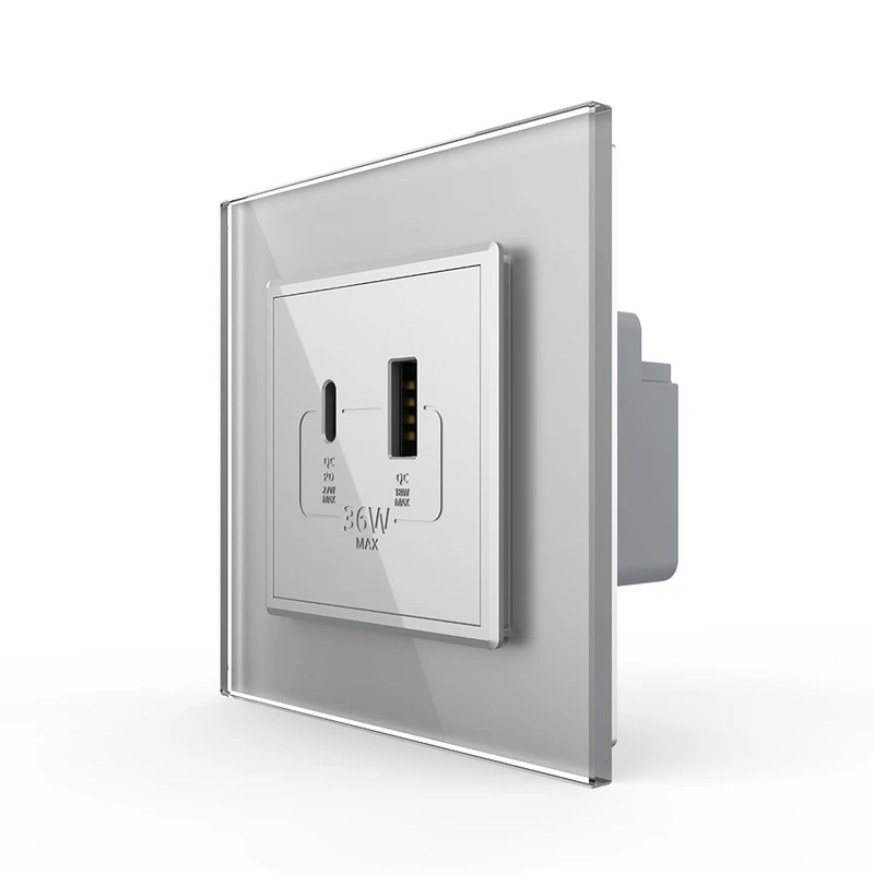 Розетка USB-A та USB-C з Power Delivery 36W LIVOLO сіра 2.5D скло