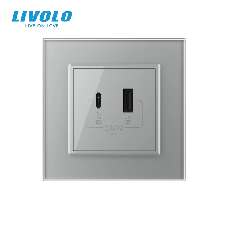 Розетка USB-A та USB-C з Power Delivery 36W LIVOLO сіра матова скло