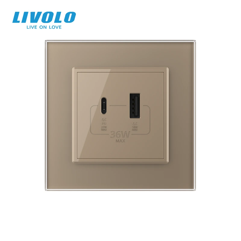 Розетка USB-A та USB-C з Power Delivery 36W LIVOLO золота матова скло