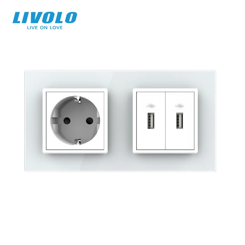 Розетка з заземленням з 2 USB розетками LIVOLO біла 2.5D скло