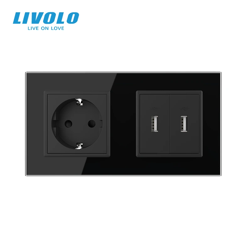Розетка з заземленням з 2 USB розетками LIVOLO чорна 2.5D скло