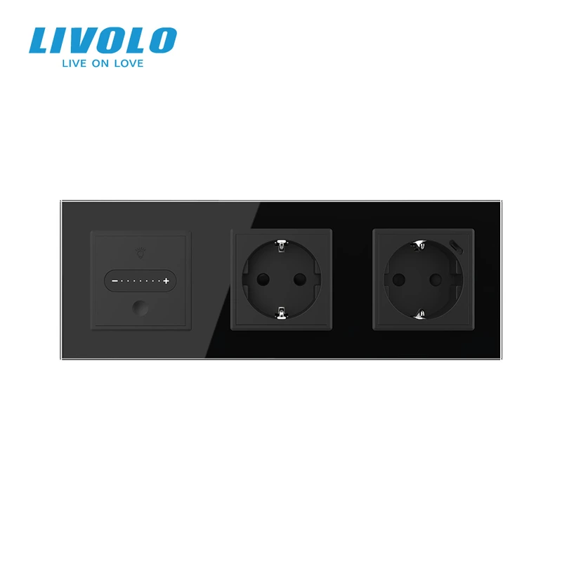 Розумний прохідний сенсорний димер LIVOLO з розеткою та розеткою з USB Type-C 18Вт, чорний, скло, заземлення