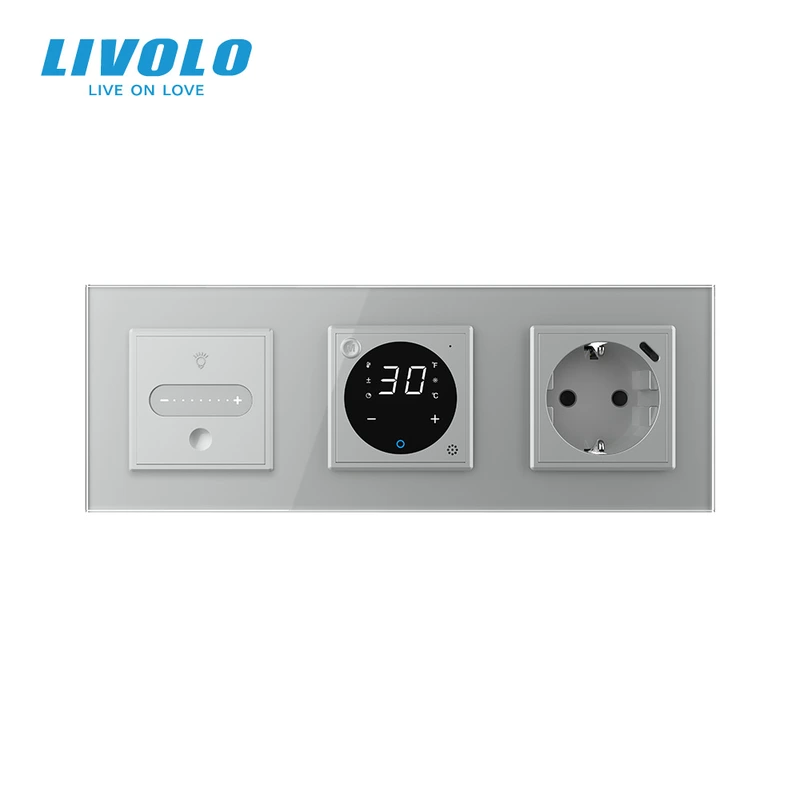 Розумний прохідний сенсорний димер LIVOLO з терморегулятором і розеткою з USB Type-C 18Вт, сірий, скло