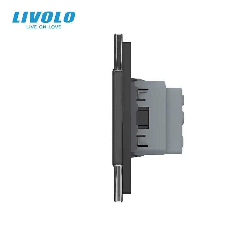 Розумний сенсорний димер LIVOLO 2 сенсори (1-1) з розеткою, чорний скло, 16A 230V, заземлення, захисні шторки