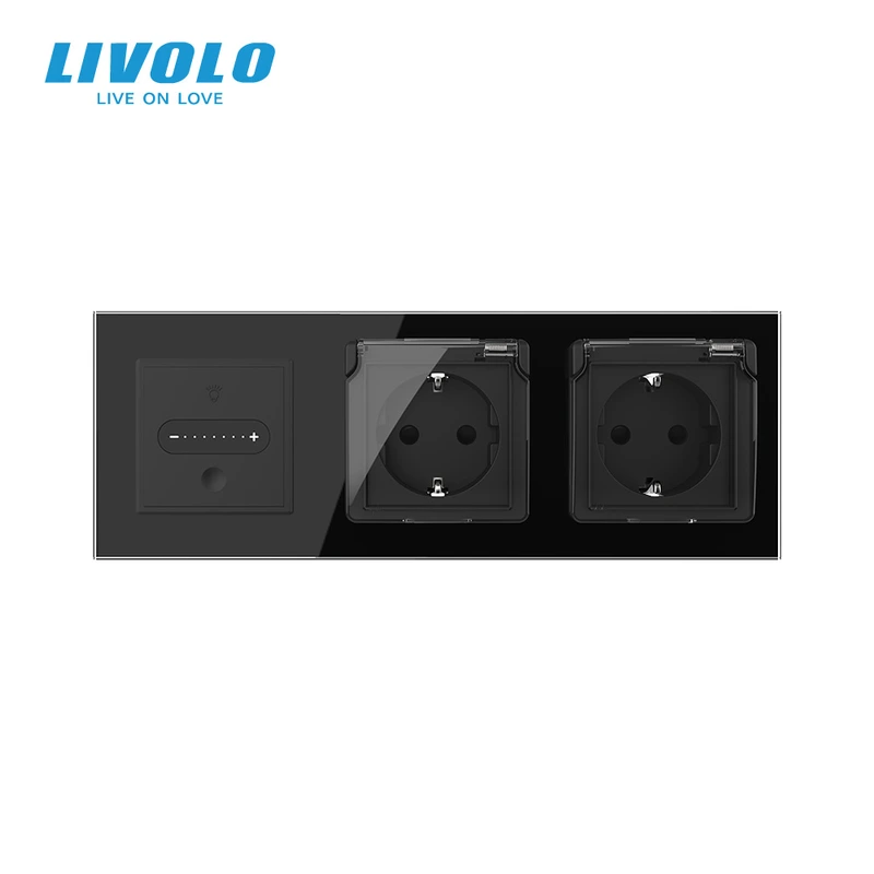 Розумний сенсорний димер LIVOLO з двома розетками IP44, чорний, скло, 16A 230V, із заземленням, шторки