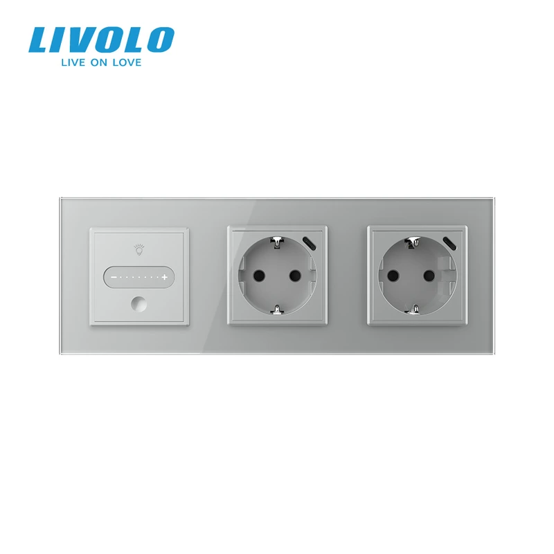Розумний сенсорний димер LIVOLO з двома розетками з USB Type-C 18Вт, сірий, скло, 16A 230V, заземлення, шторки