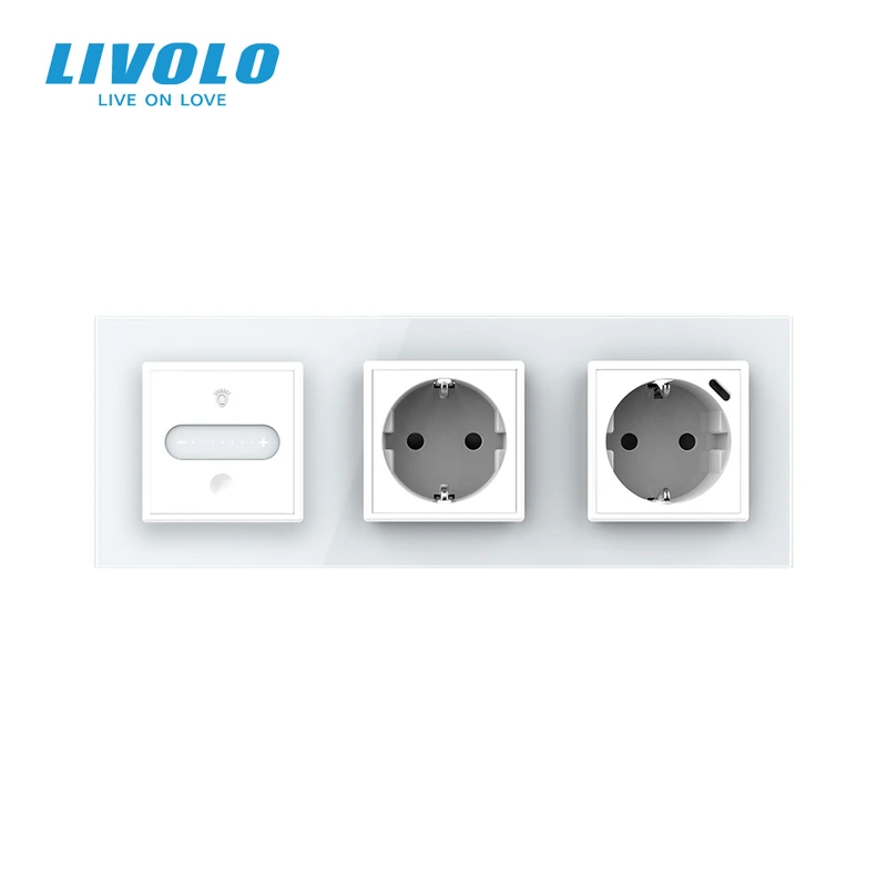 Розумний сенсорний димер LIVOLO з розеткою та розеткою з USB Type-C 18Вт, білий, скло, 16A 230V, заземлення