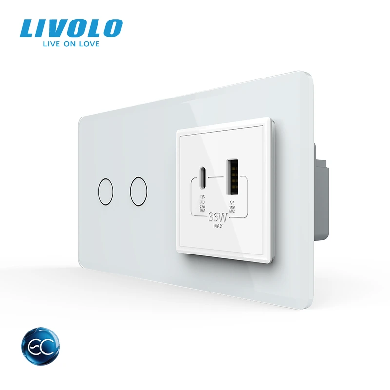 Розумний сенсорний (дотиковий) подвійний вимикач LIVOLO з розеткою USB-A + USB-C 36Вт білий 2.5D скляна рамка
