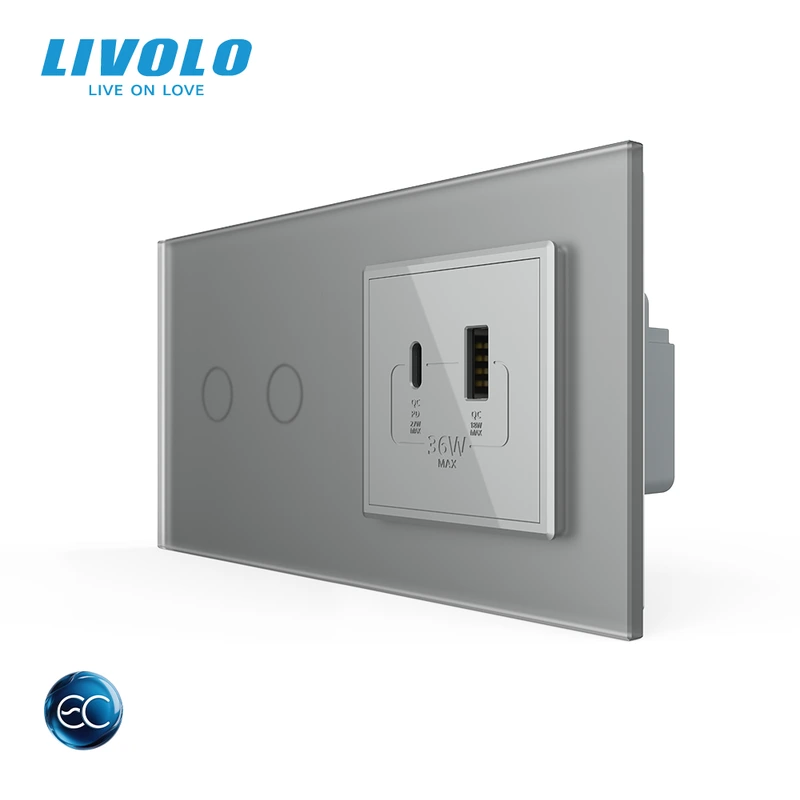 Розумний сенсорний (дотиковий) подвійний вимикач LIVOLO з розеткою USB-A + USB-C 36Вт сірий матовый скляна рамка