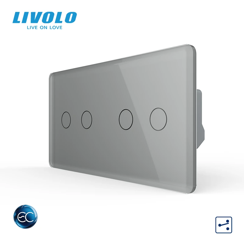 Розумний сенсорний (дотиковий) прохідний вимикач LIVOLO 4 клавіші (2-2) сірий 2.5D скло Wi-Fi