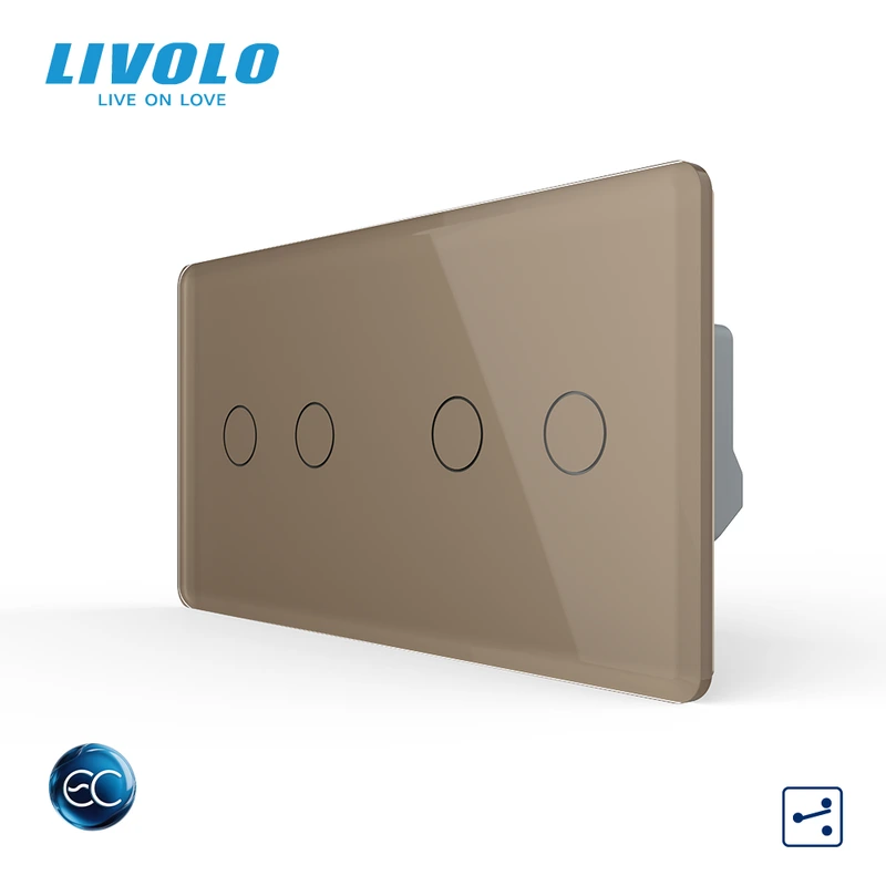 Розумний сенсорний (дотиковий) прохідний вимикач LIVOLO 4 клавіші (2-2) золотий 2.5D скло Wi-Fi
