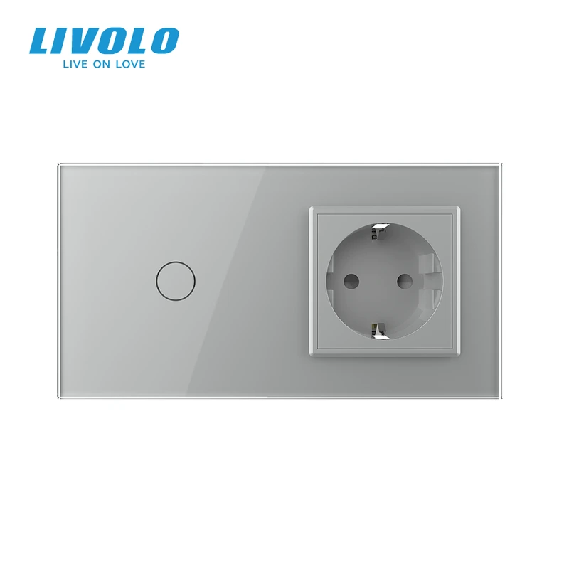 Розумний сенсорний (дотиковий) прохідний вимикач LIVOLO з розеткою сірий скло Wi-Fi