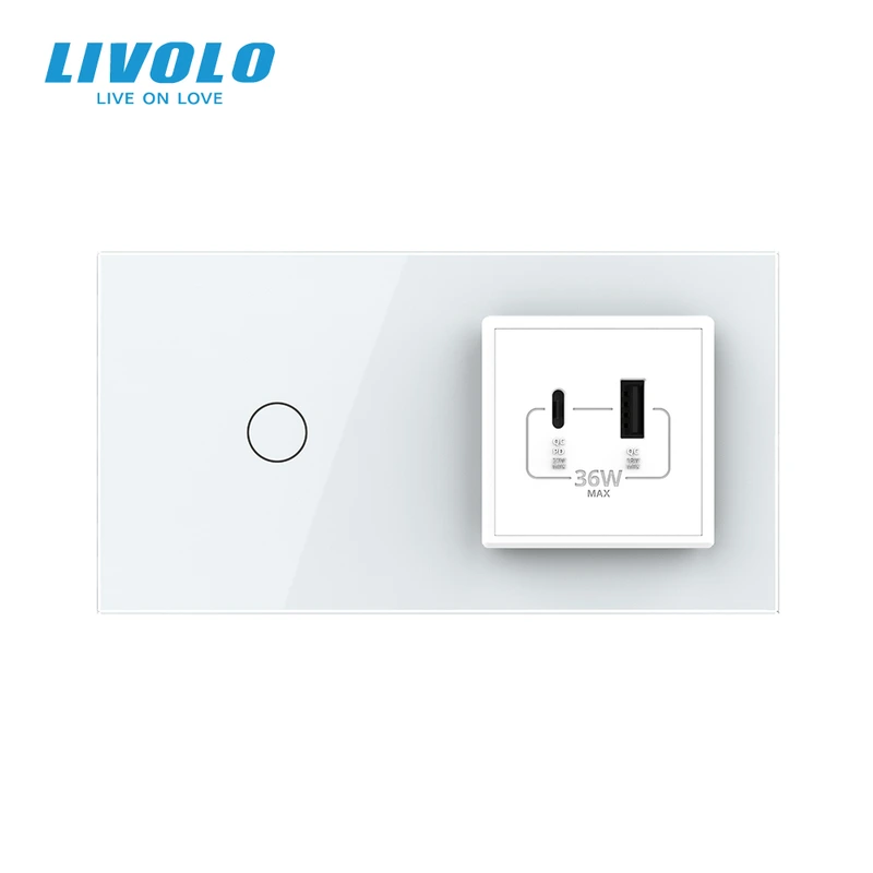 Розумний сенсорний (дотиковий) прохідний вимикач LIVOLO з розеткою USB-A + USB-C 36Вт білий скляна рамка