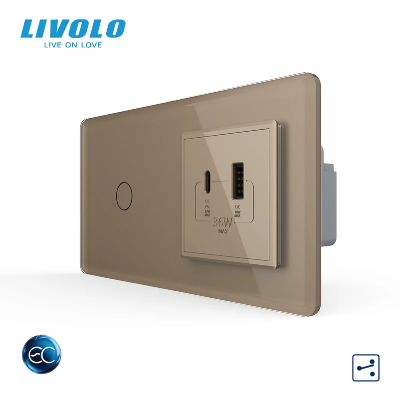 Розумний сенсорний (дотиковий) прохідний вимикач LIVOLO з розеткою USB-A + USB-C 36Вт золотий 2.5D скляна рамка