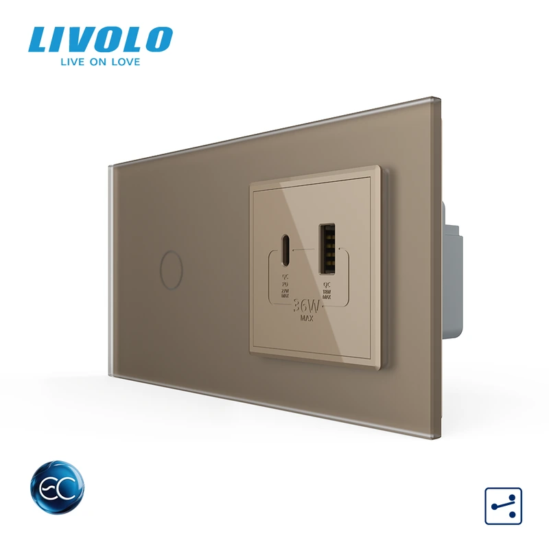 Розумний сенсорний (дотиковий) прохідний вимикач LIVOLO з розеткою USB-A + USB-C 36Вт золотий матовый скляна рамка