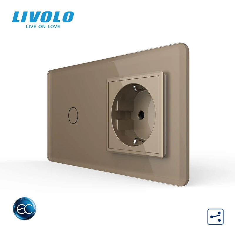 Розумний сенсорний (дотиковий) прохідний вимикач LIVOLO з розеткою золотий 2.5D скло Wi-Fi