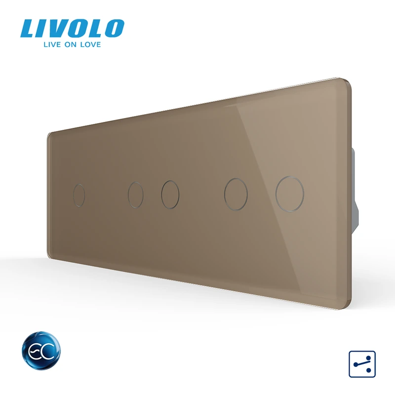 Розумний сенсорний (дотиковий) прохідний/перехресний вимикач LIVOLO 5 сенсорів (1-2-2) золотий 2.5D скло