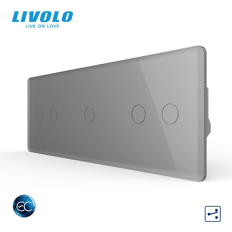 Розумний сенсорний (дотиковий) прохідний/перехресний вимикач LIVOLO 5 сенсорів (2-1-2) сірий 2.5D скло
