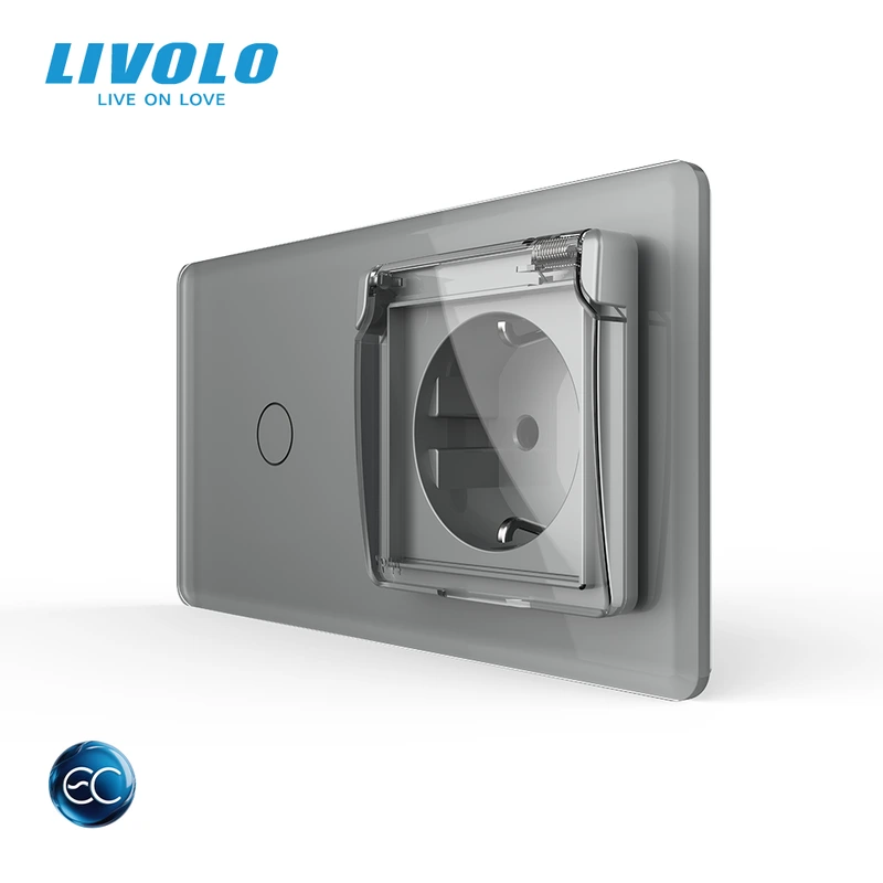 Розумний сенсорний (дотиковий) вимикач LIVOLO з розеткою IP44 кришка сірий 2.5D 16А 230В із заземленням шторки скло