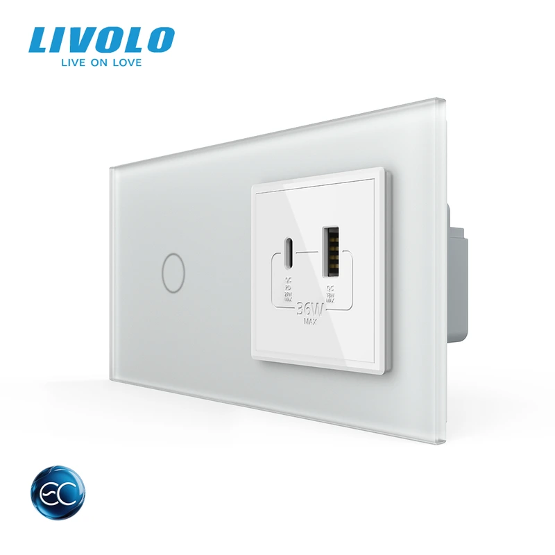 Розумний сенсорний (дотиковий) вимикач LIVOLO з розеткою USB-A + USB-C 36Вт білий матовый скляна рамка