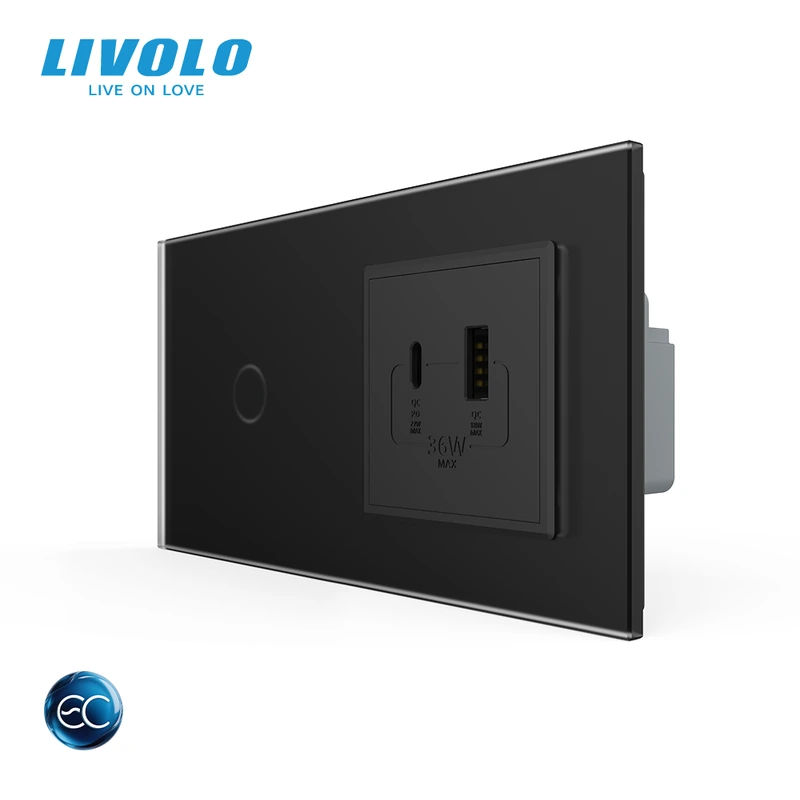 Розумний сенсорний (дотиковий) вимикач LIVOLO з розеткою USB-A + USB-C 36Вт чорний матовый скляна рамка