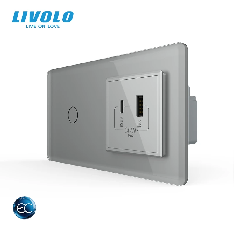 Розумний сенсорний (дотиковий) вимикач LIVOLO з розеткою USB-A + USB-C 36Вт сірий 2.5D скляна рамка
