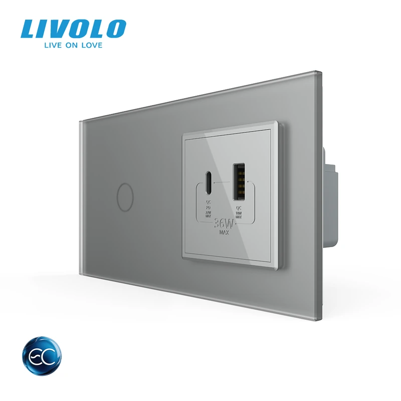 Розумний сенсорний (дотиковий) вимикач LIVOLO з розеткою USB-A + USB-C 36Вт сірий матовый скляна рамка