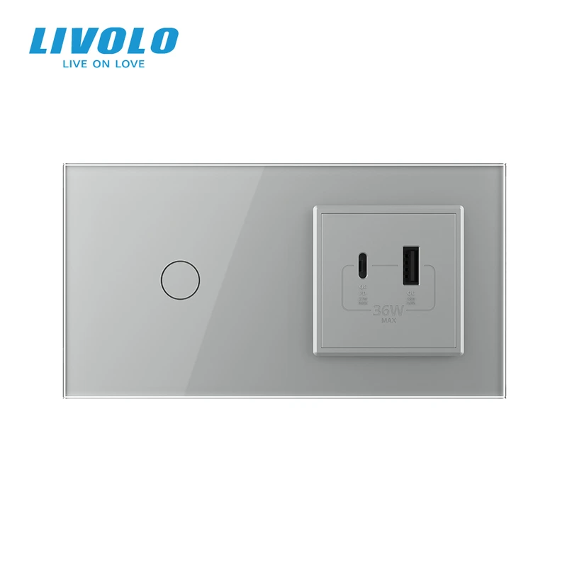 Розумний сенсорний (дотиковий) вимикач LIVOLO з розеткою USB-A + USB-C 36Вт сірий скляна рамка