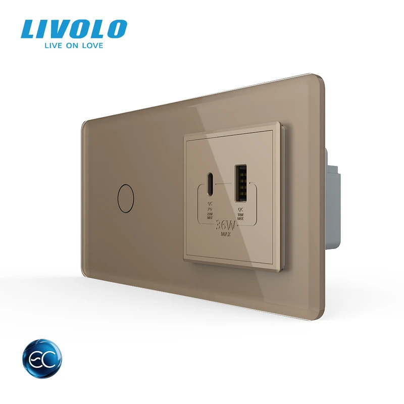 Розумний сенсорний (дотиковий) вимикач LIVOLO з розеткою USB-A + USB-C 36Вт золотий 2.5D скляна рамка