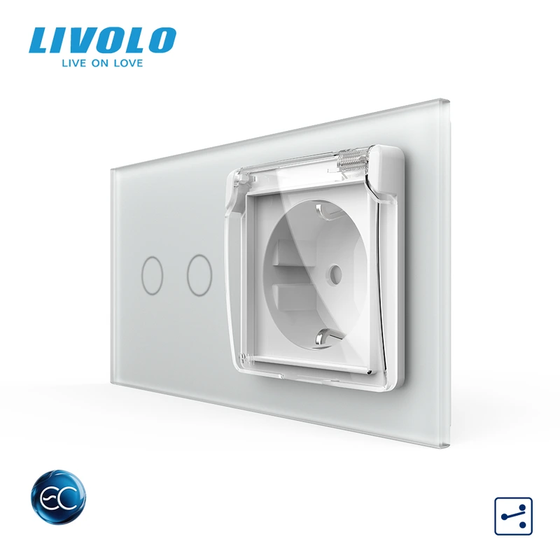 Розумний сенсорний подвійний прохідний вимикач LIVOLO з розеткою IP44 кришка білий матовый із заземленням шторки скло