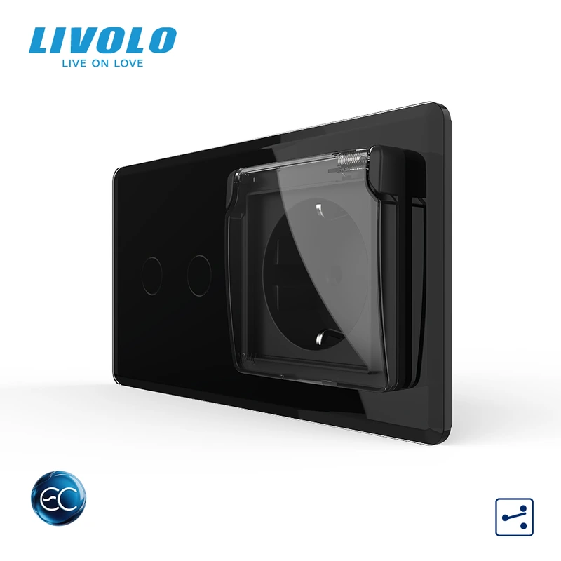 Розумний сенсорний подвійний прохідний вимикач LIVOLO з розеткою IP44 кришка чорний 2.5D із заземленням шторки скло
