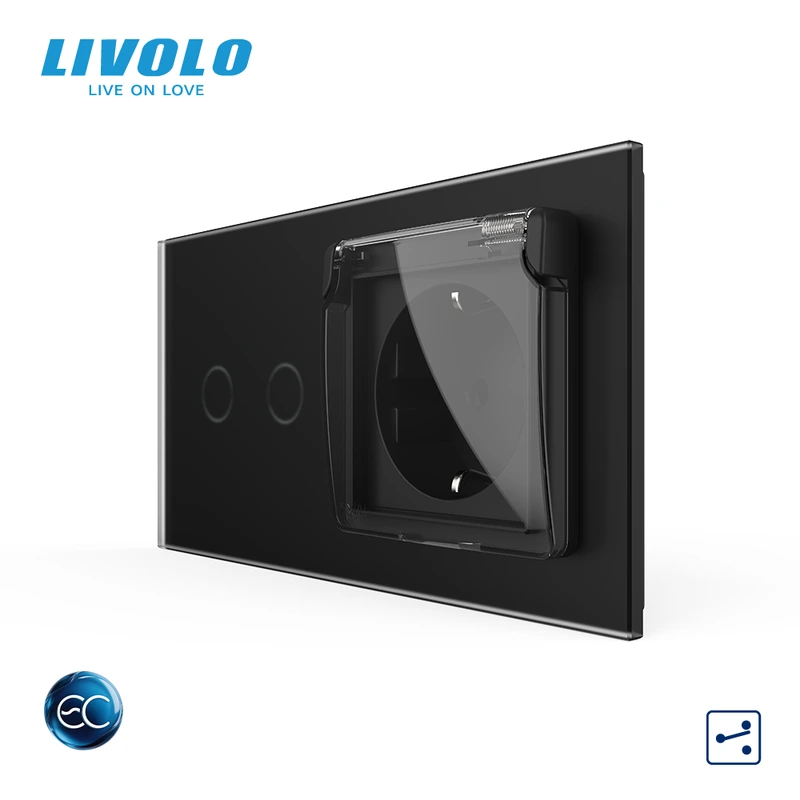 Розумний сенсорний подвійний прохідний вимикач LIVOLO з розеткою IP44 кришка чорний матовый із заземленням шторки скло
