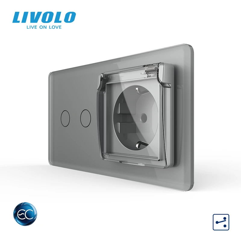 Розумний сенсорний подвійний прохідний вимикач LIVOLO з розеткою IP44 кришка сірий 2.5D із заземленням шторки скло
