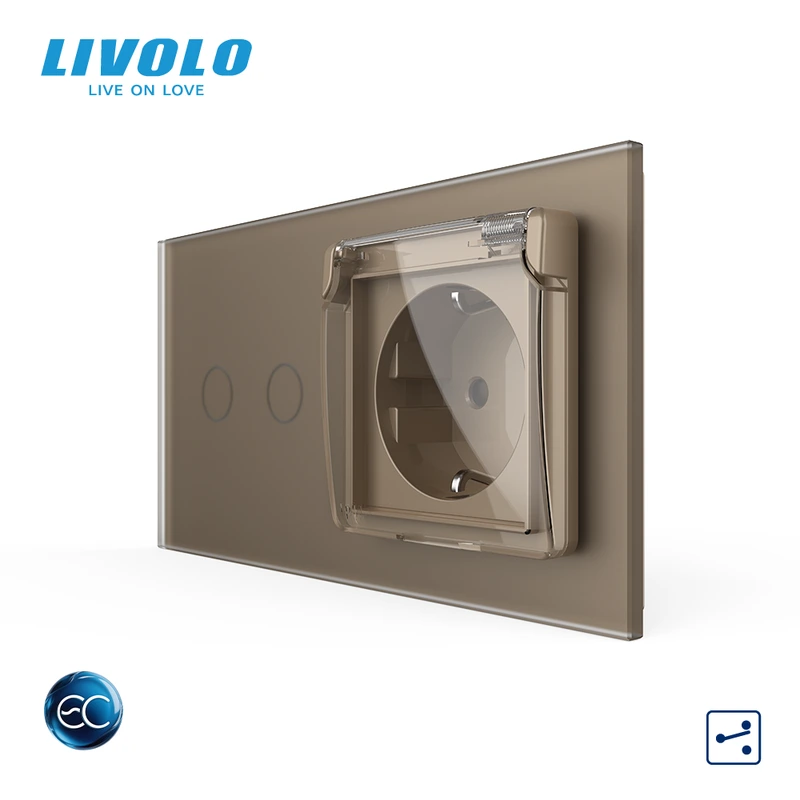 Розумний сенсорний подвійний прохідний вимикач LIVOLO з розеткою IP44 кришка золотий матовый із заземленням шторки скло