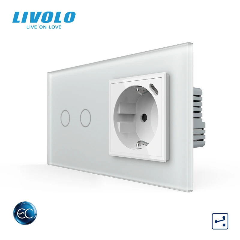 Розумний сенсорний подвійний прохідний вимикач LIVOLO з розеткою та USB Type-C 18Вт, білий матовый, скло