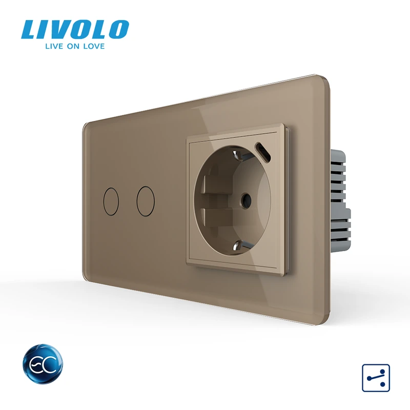 Розумний сенсорний подвійний прохідний вимикач LIVOLO з розеткою та USB Type-C 18Вт, золотий 2.5D, скло